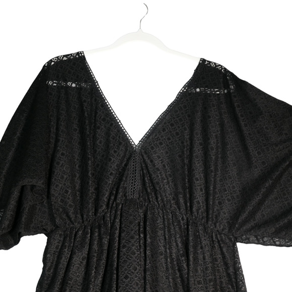 Black Swim Cover Up Womens 3XL Dolman Sleeve Elastic Waist Strech V Front Back - Picture 2 of 10